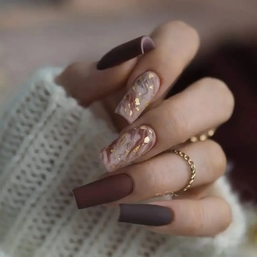 fall short coffin nails designs Chocolate Brown Coffin Nails With Delicate Golden Details