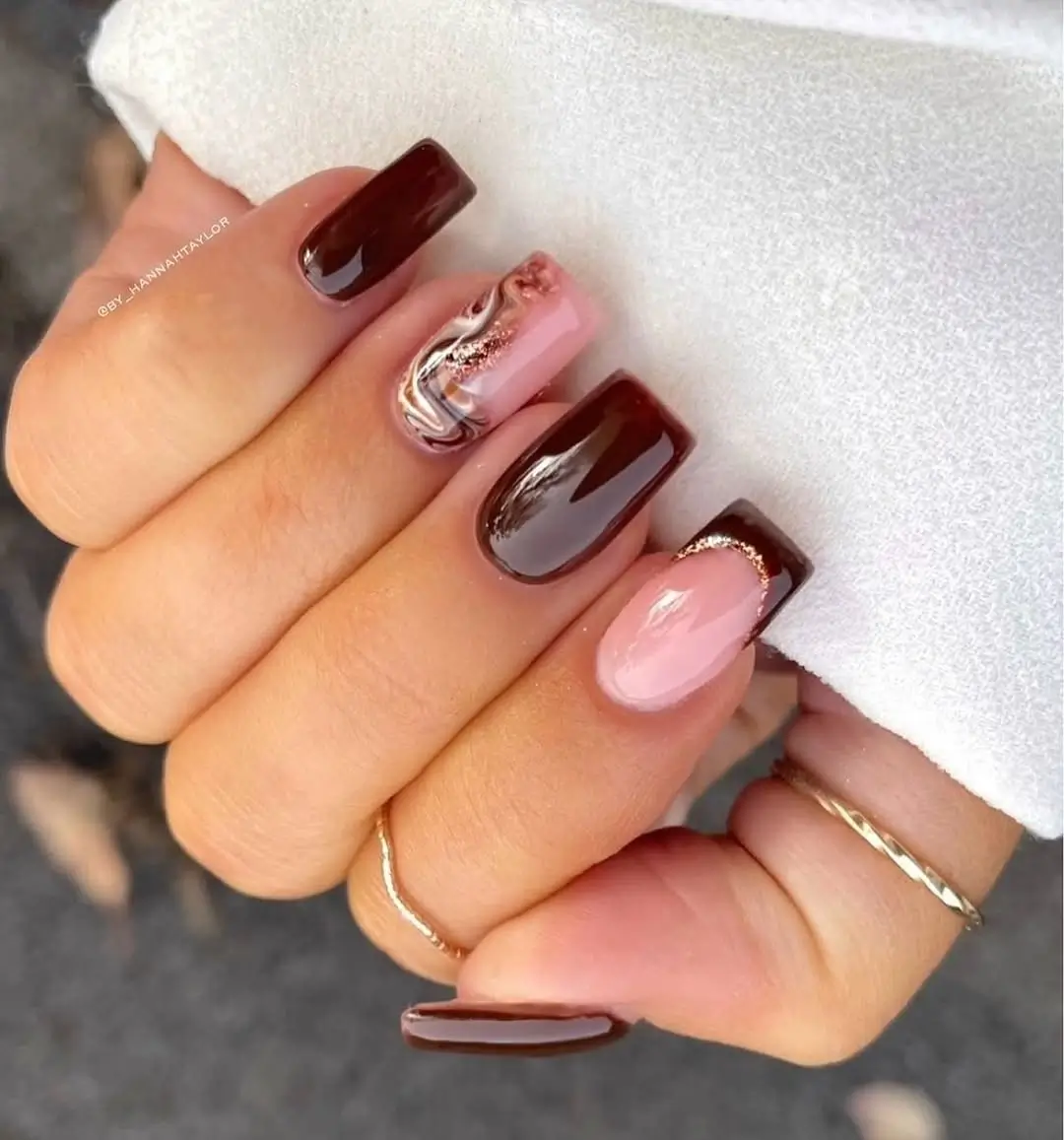 fall short coffin nails designs Chocolate Brown and Pink Short Coffin Nails With Metallic Art
