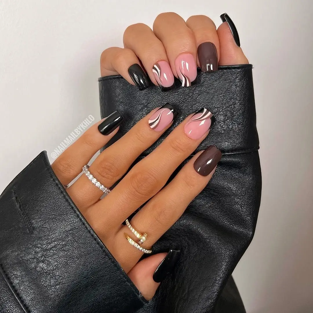 fall short coffin nails designs Pink Brown and Black Short Coffin Nails With Curved French Lines