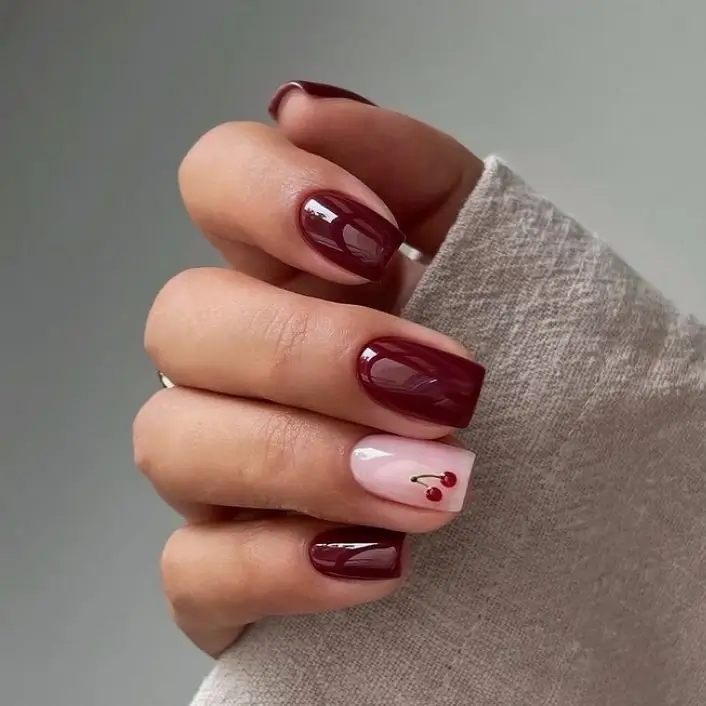 fall short coffin nails designs Cherry Red Short Coffin Nails With a Tiny Cherry Accent