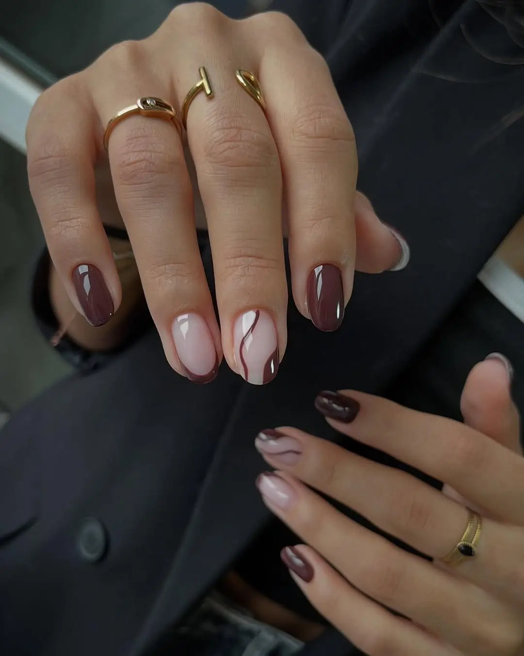 fall short coffin nails designs Chocolate Brown and Blush Nails With Fine Burgundy Waves
