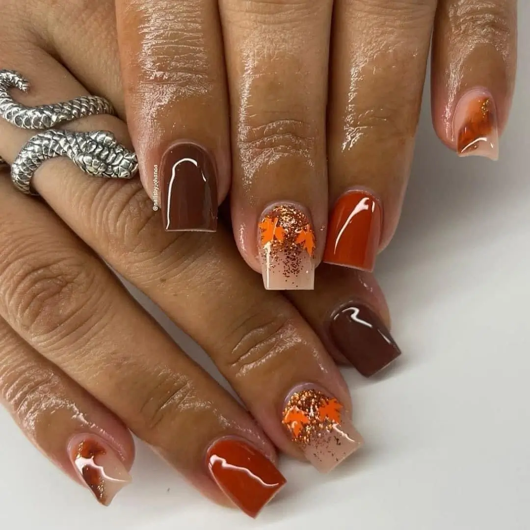 fall short coffin nails designs Burnt Orange and Chocolate Coffin Nails With Autumn Glitter