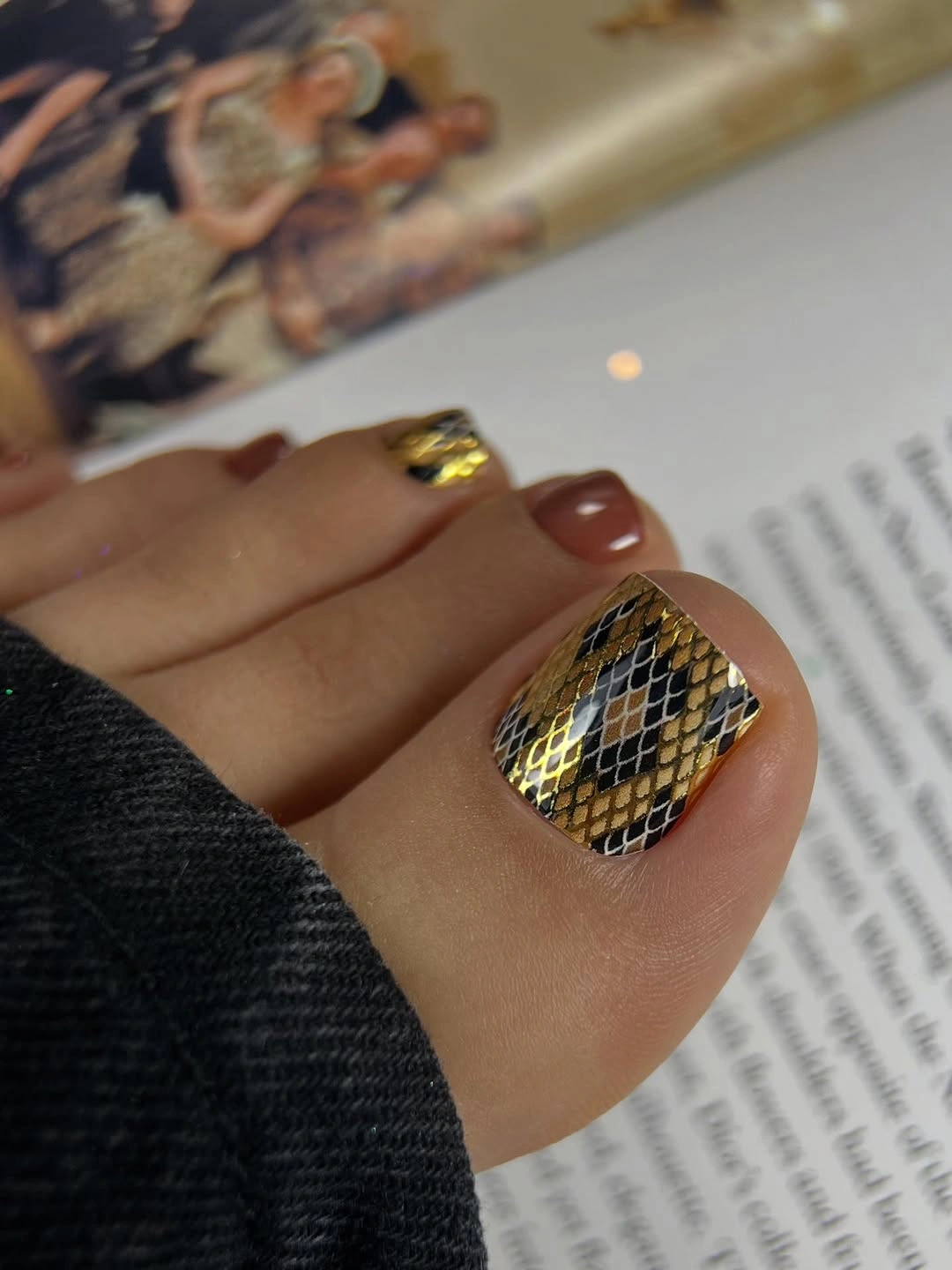 fall toe nails colors 2026 Brown and Gold Scale Pattern with a Luxe Autumn Feel
