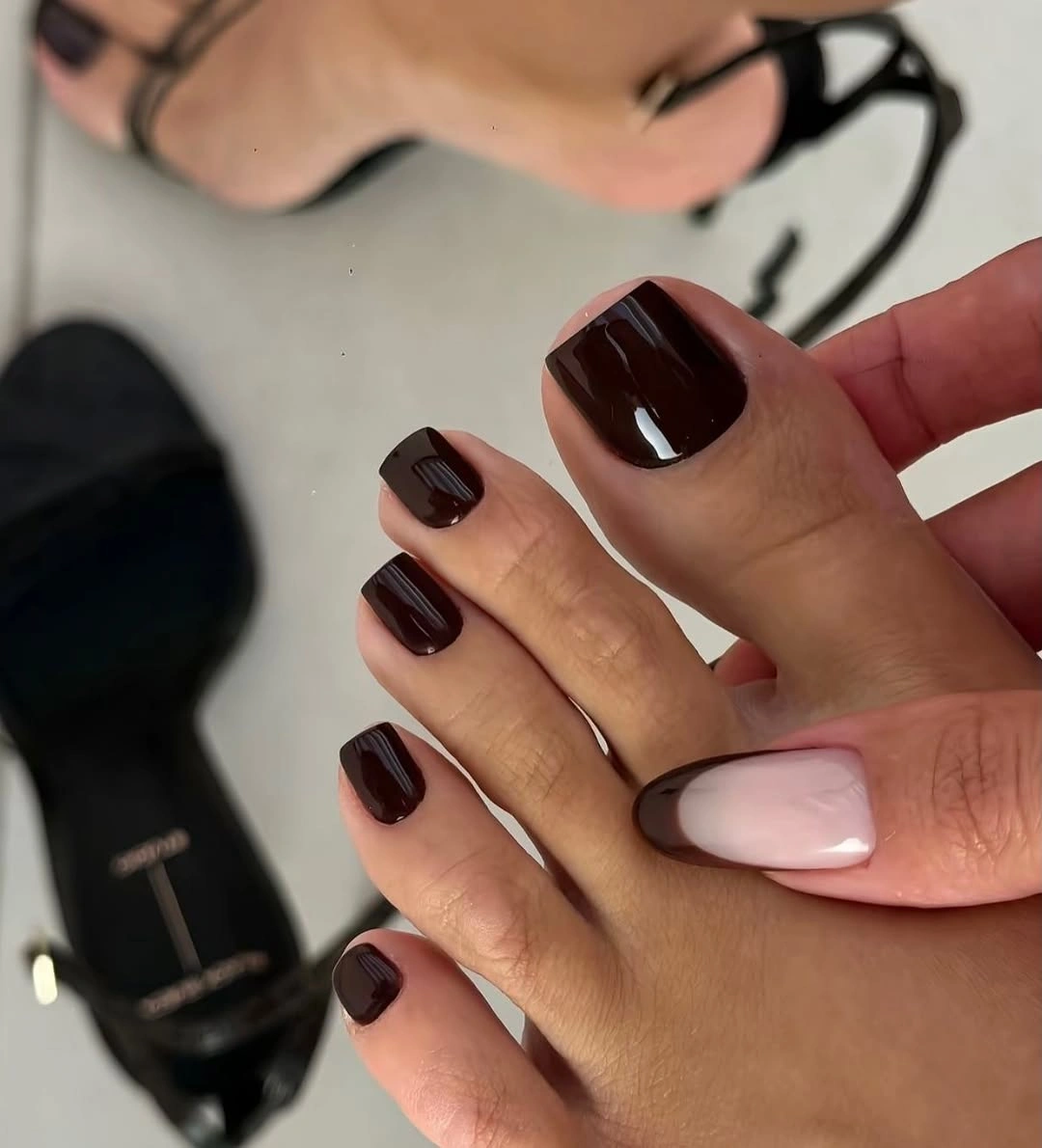 fall toe nails colors 2026 Dark Chocolate French Tip Pedicure with a Soft Pink Base