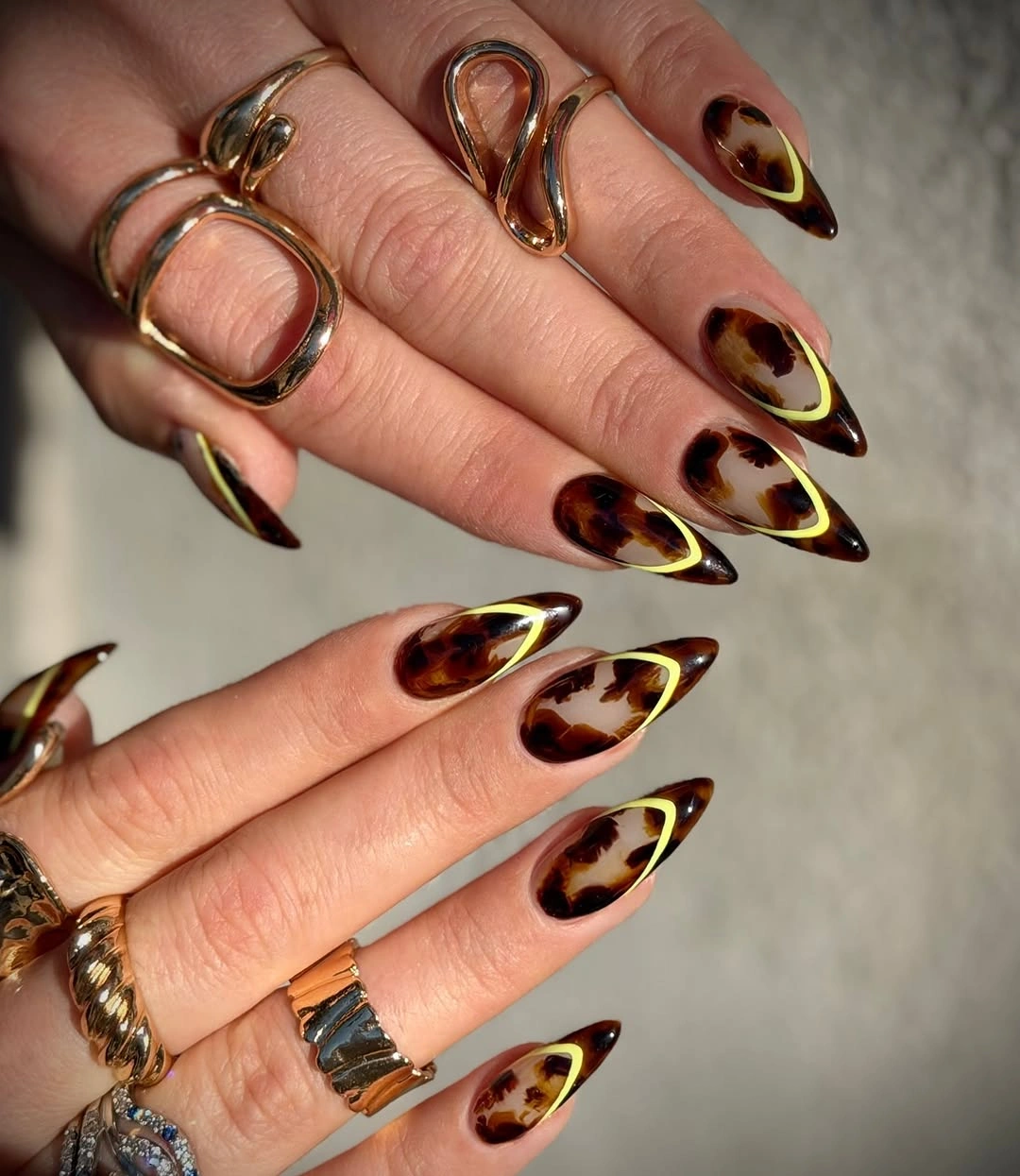 fall trendy nails 2026 tortoiseshell almond nails with gold outline art