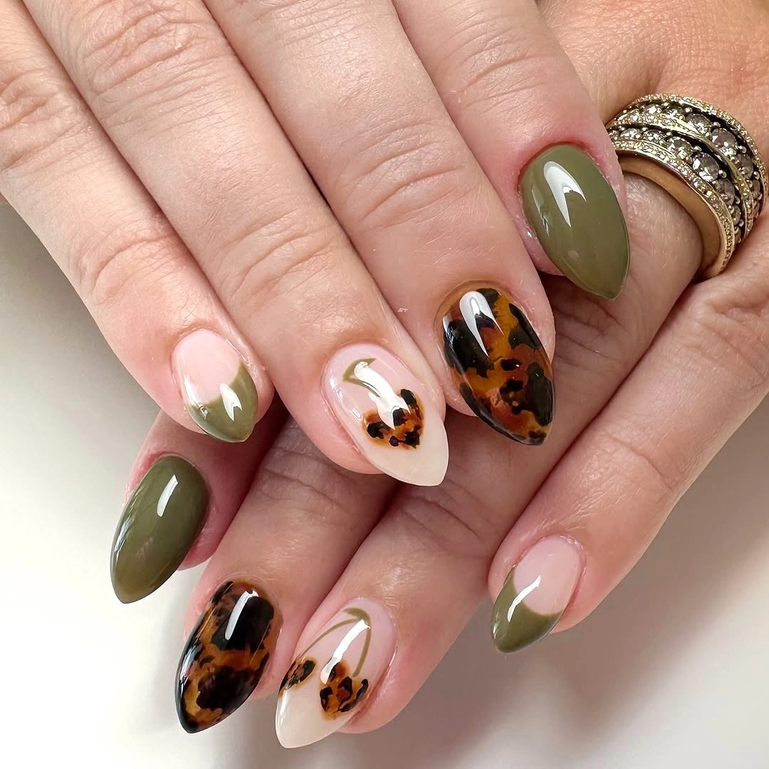 fall trendy nails 2026 short almond olive green and tortoiseshell manicure
