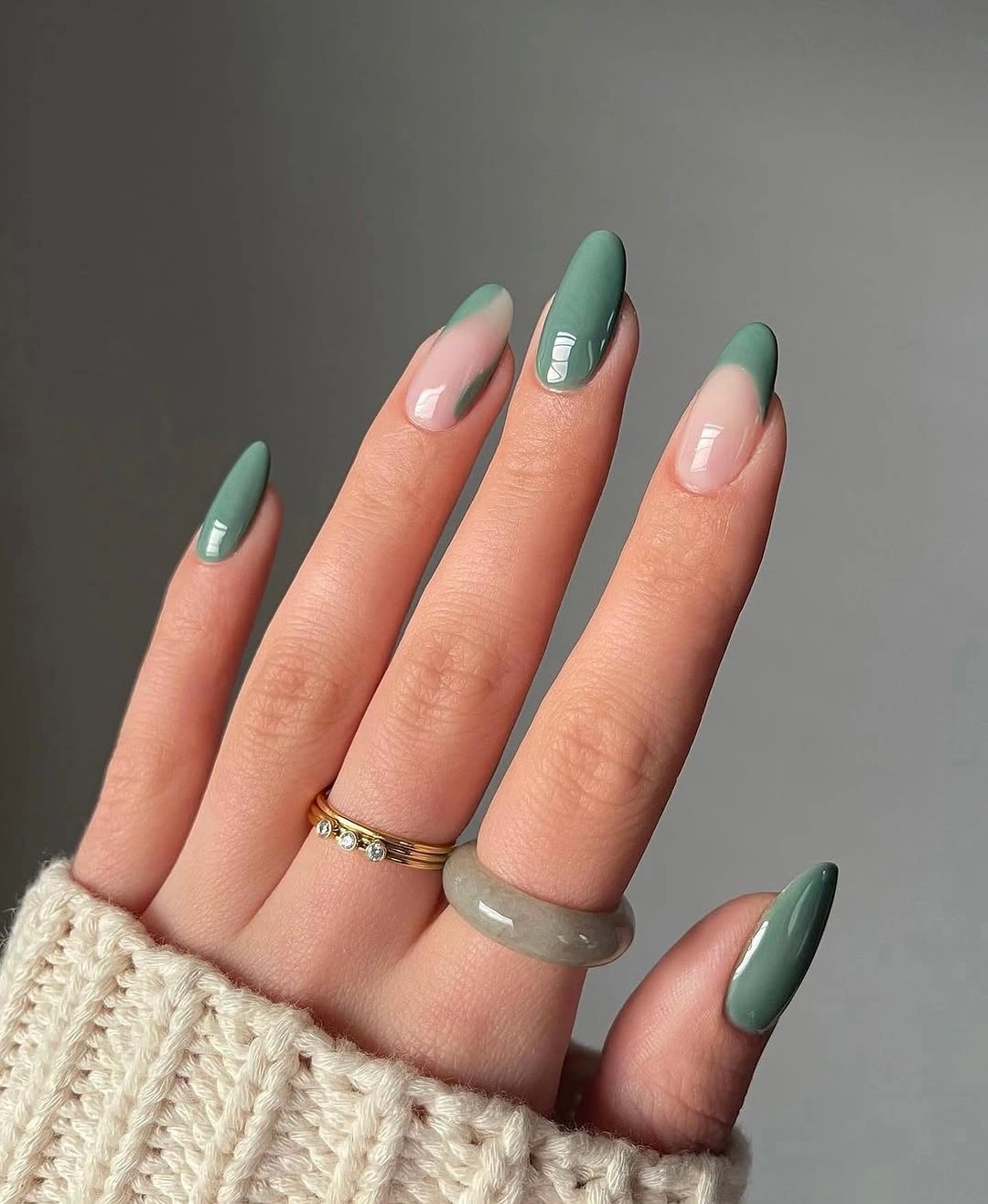 fall trendy nails 2026 muted sage green almond French tip manicure
