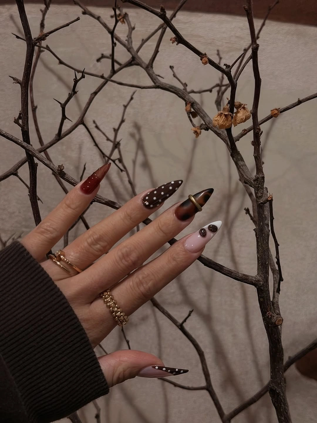 fall trendy nails 2026 burgundy almond manicure with brown and white dot details