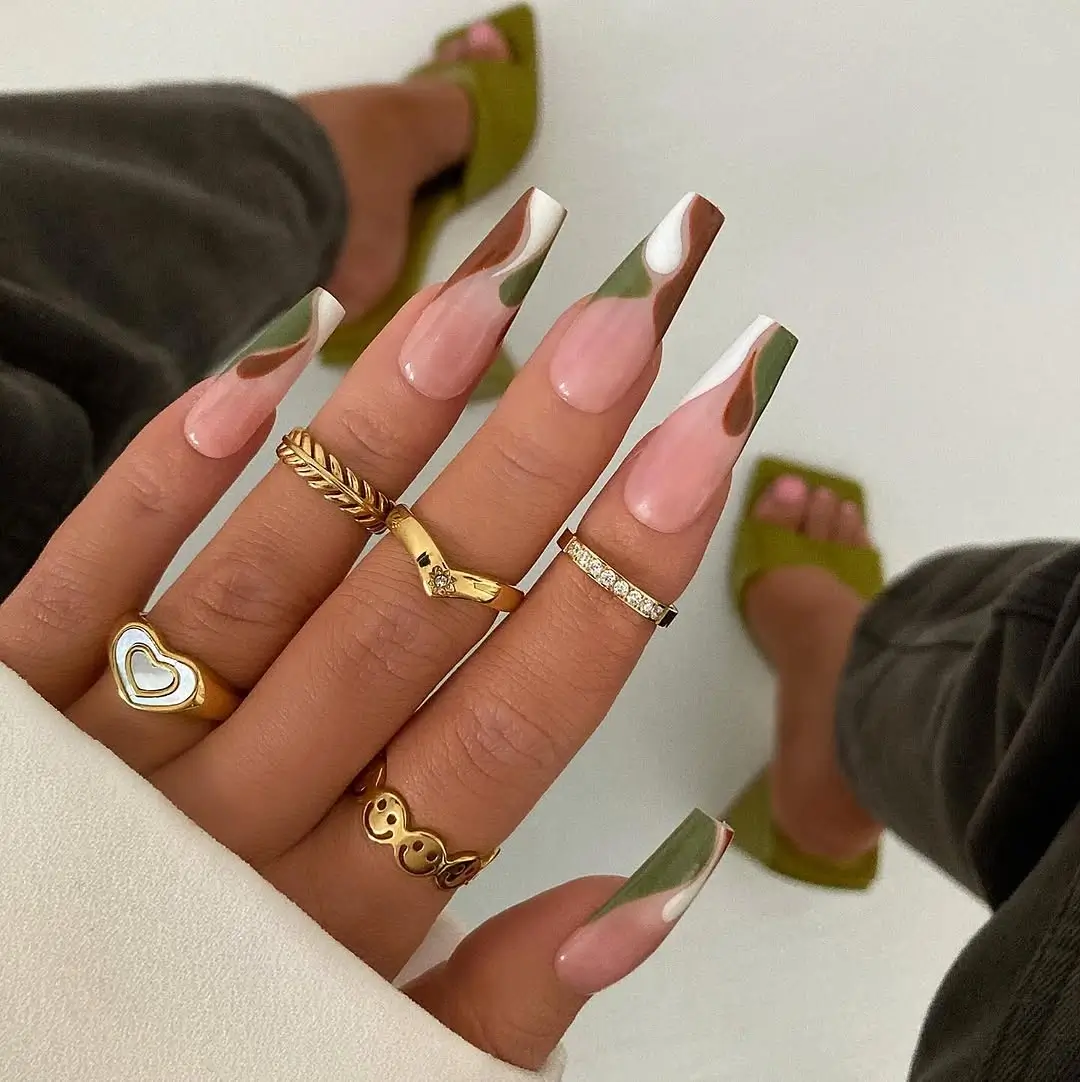 fall trendy nails 2026 long abstract olive terracotta French tip manicure