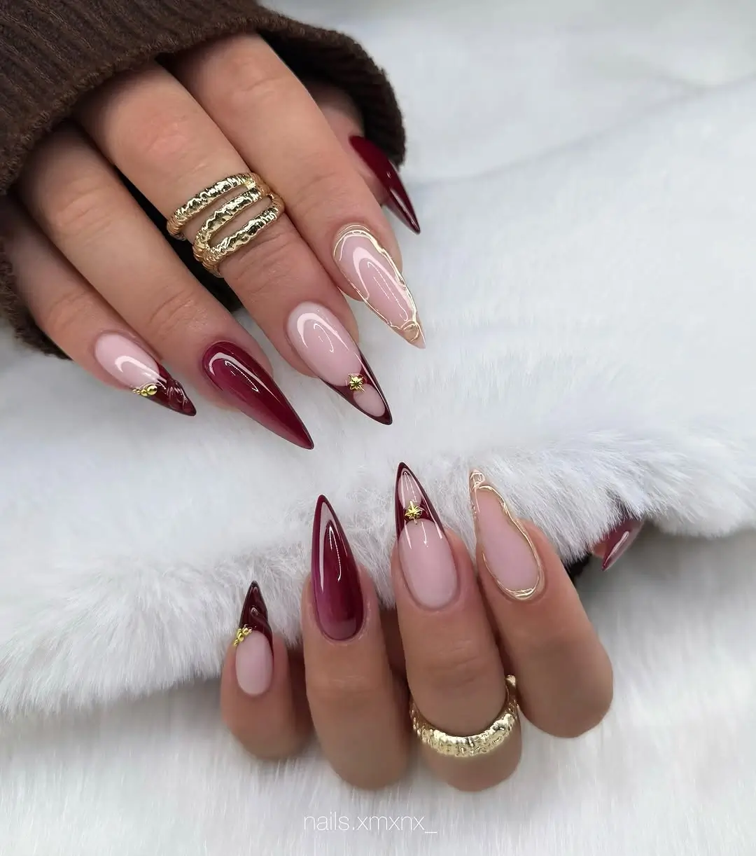 Fall wedding nails 2026 Burgundy and Gold Almond Nails for an Elegant Autumn Bride
