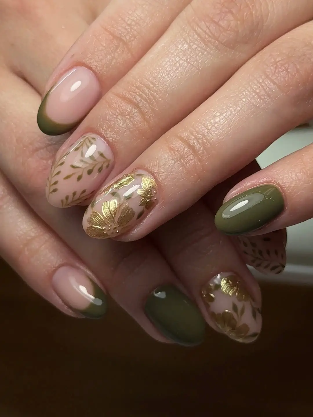 Fall wedding nails 2026 Olive Green Botanical Nails with Gold Floral Accents