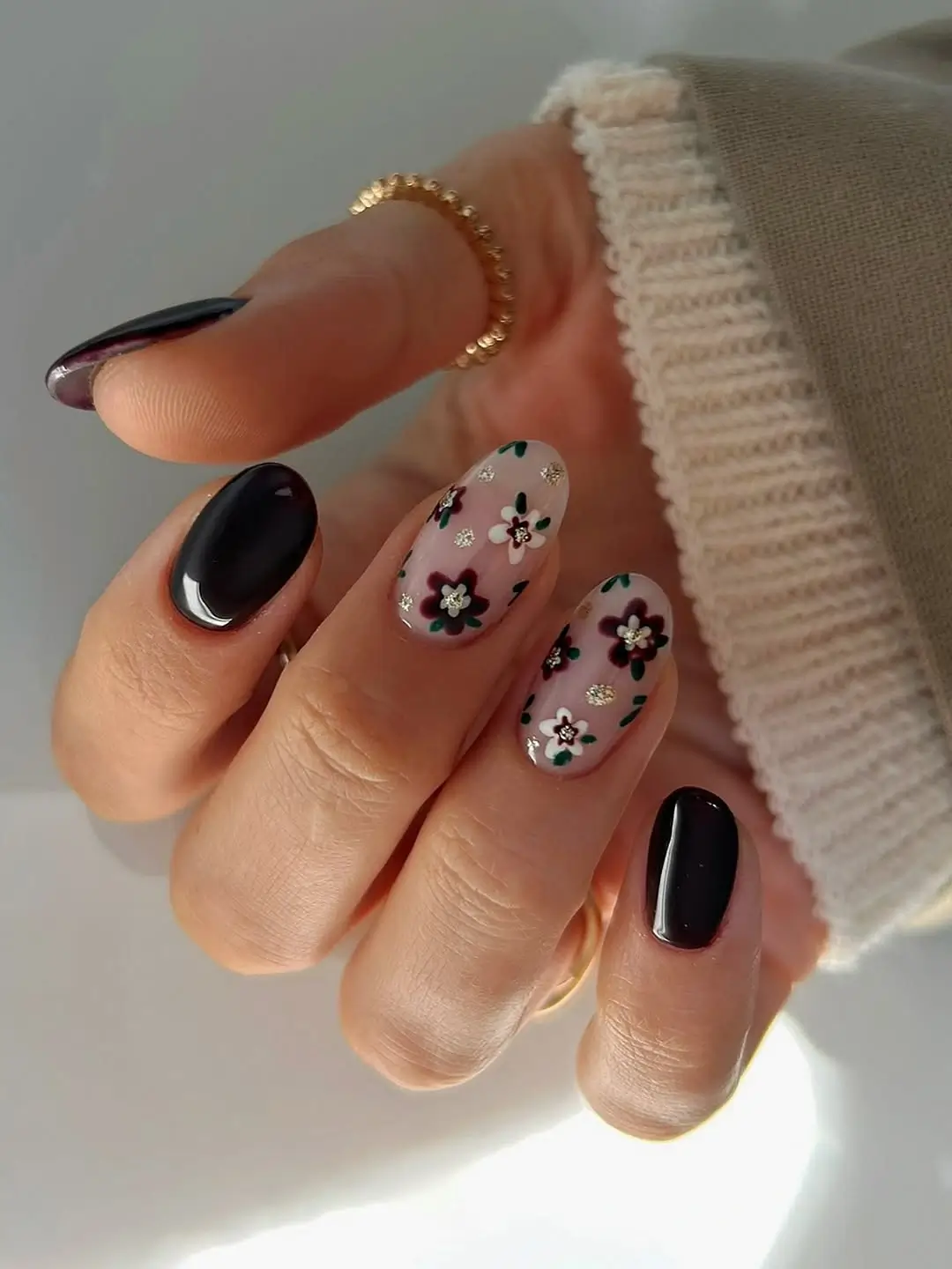 Fall wedding nails 2026 Dark Floral Nails for a Chic Autumn Bridesmaid Look