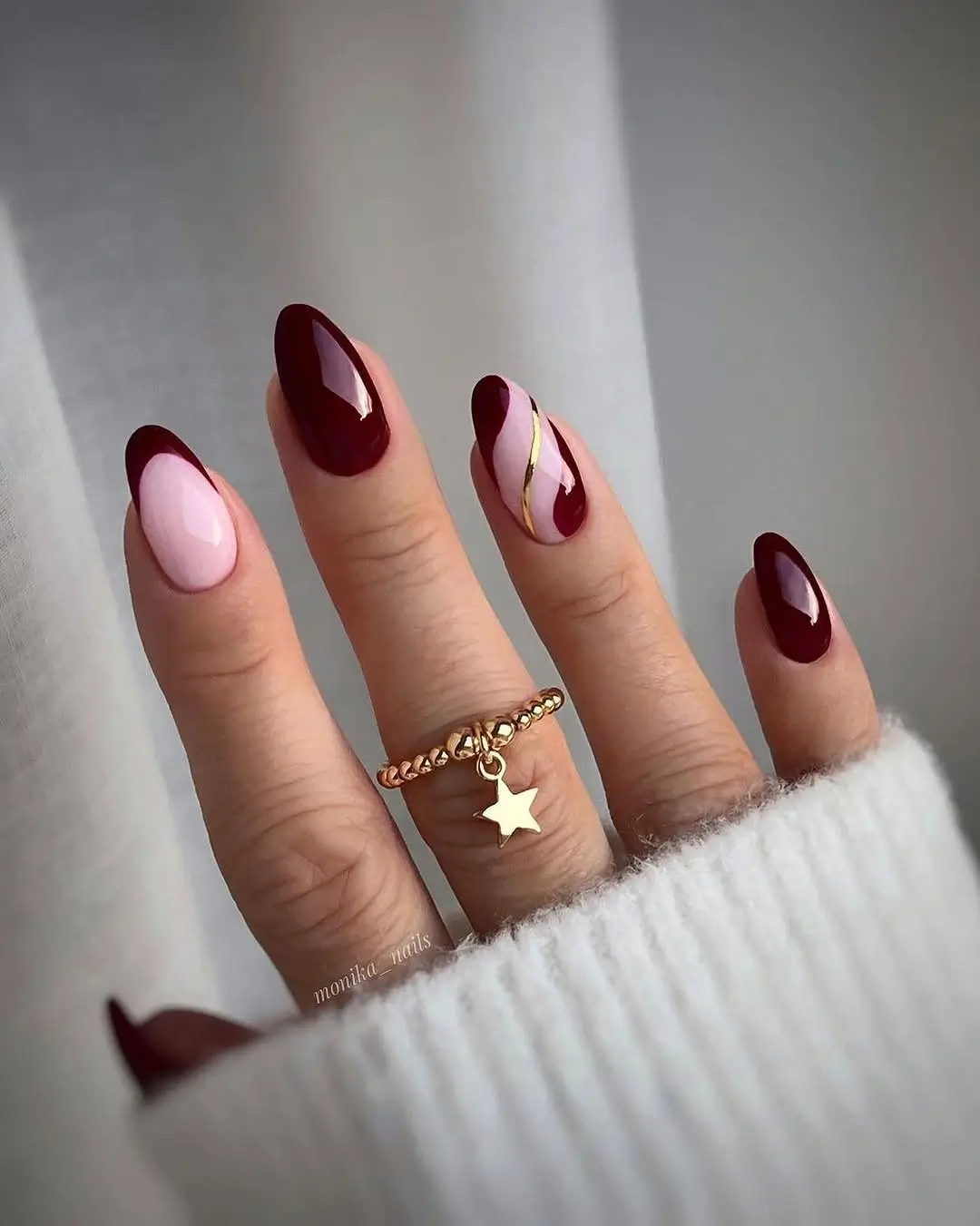 Fall wedding nails 2026 Soft Pink and Burgundy Waves for a Modern Bridal Look
