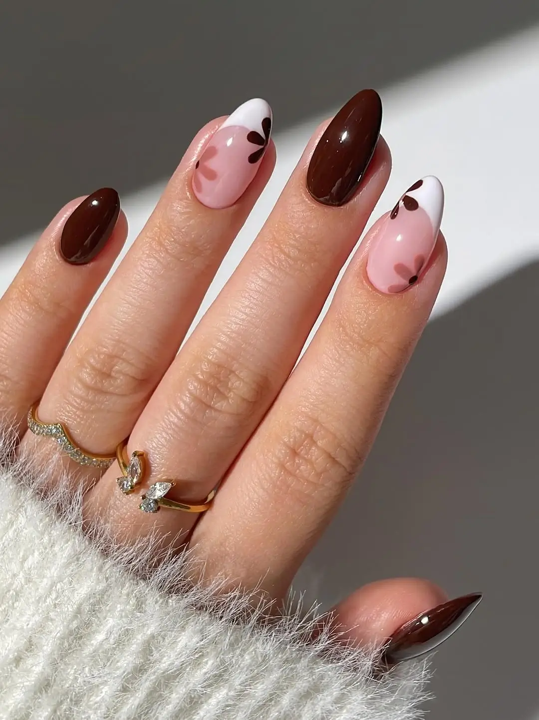 Fall wedding nails 2026 Chocolate French Tips with Delicate Floral Details