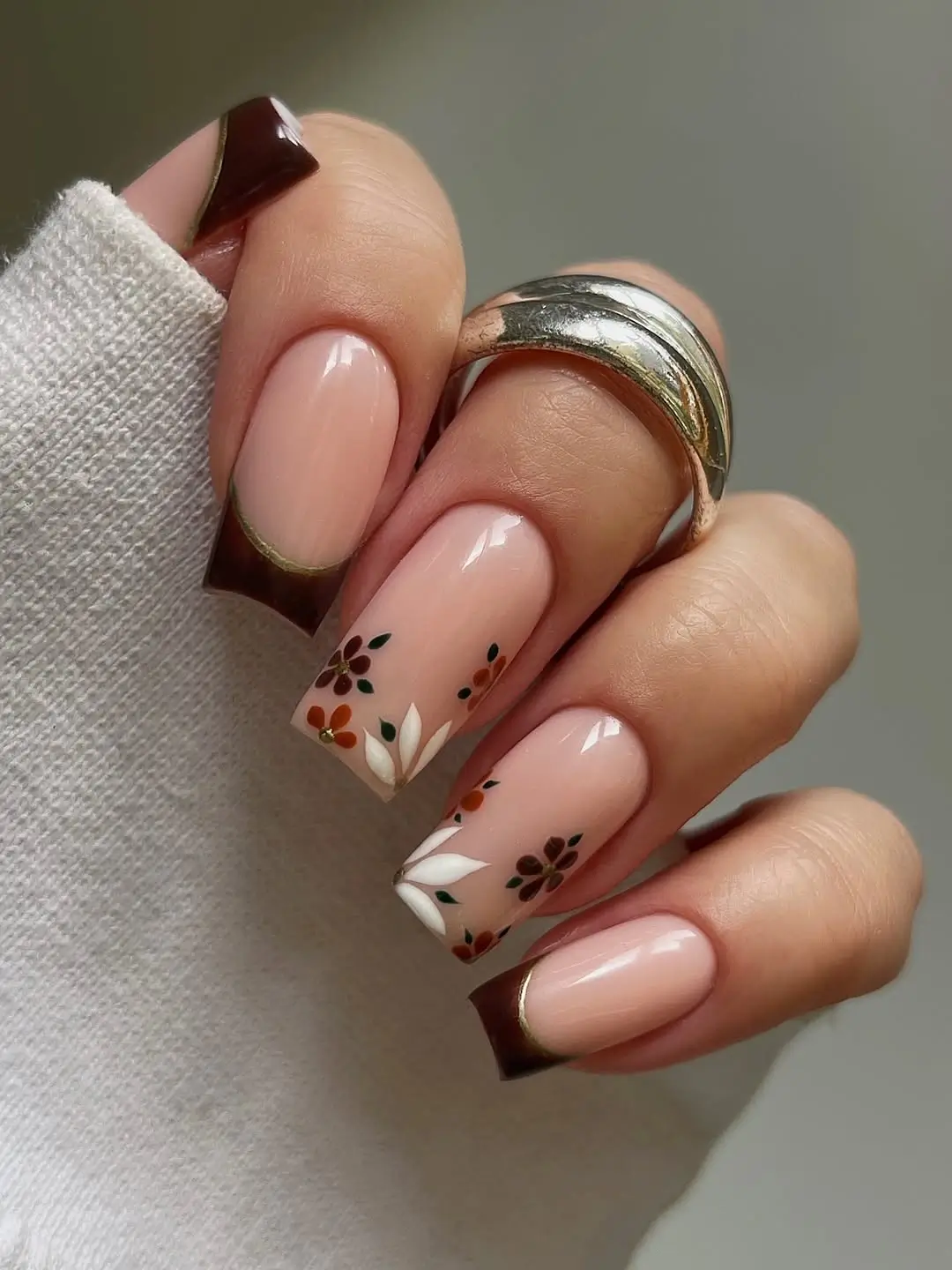 Fall wedding nails 2026 Elegant Brown French Nails with Autumn Blossoms