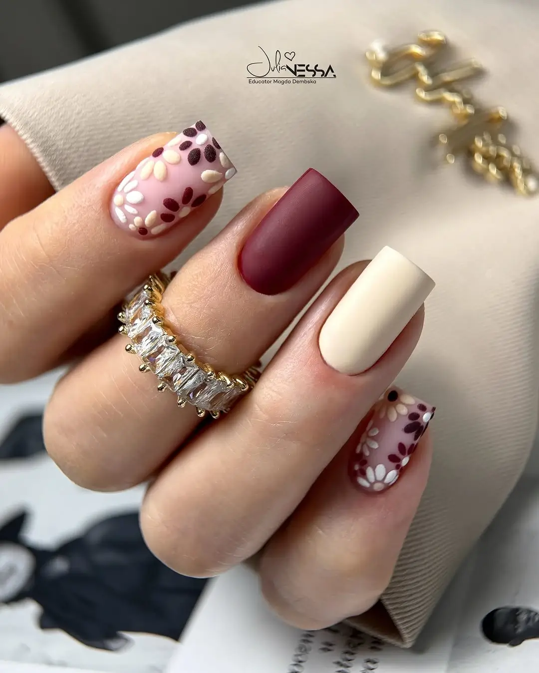 Fall wedding nails 2026 Matte Burgundy and Cream Floral Wedding Nails