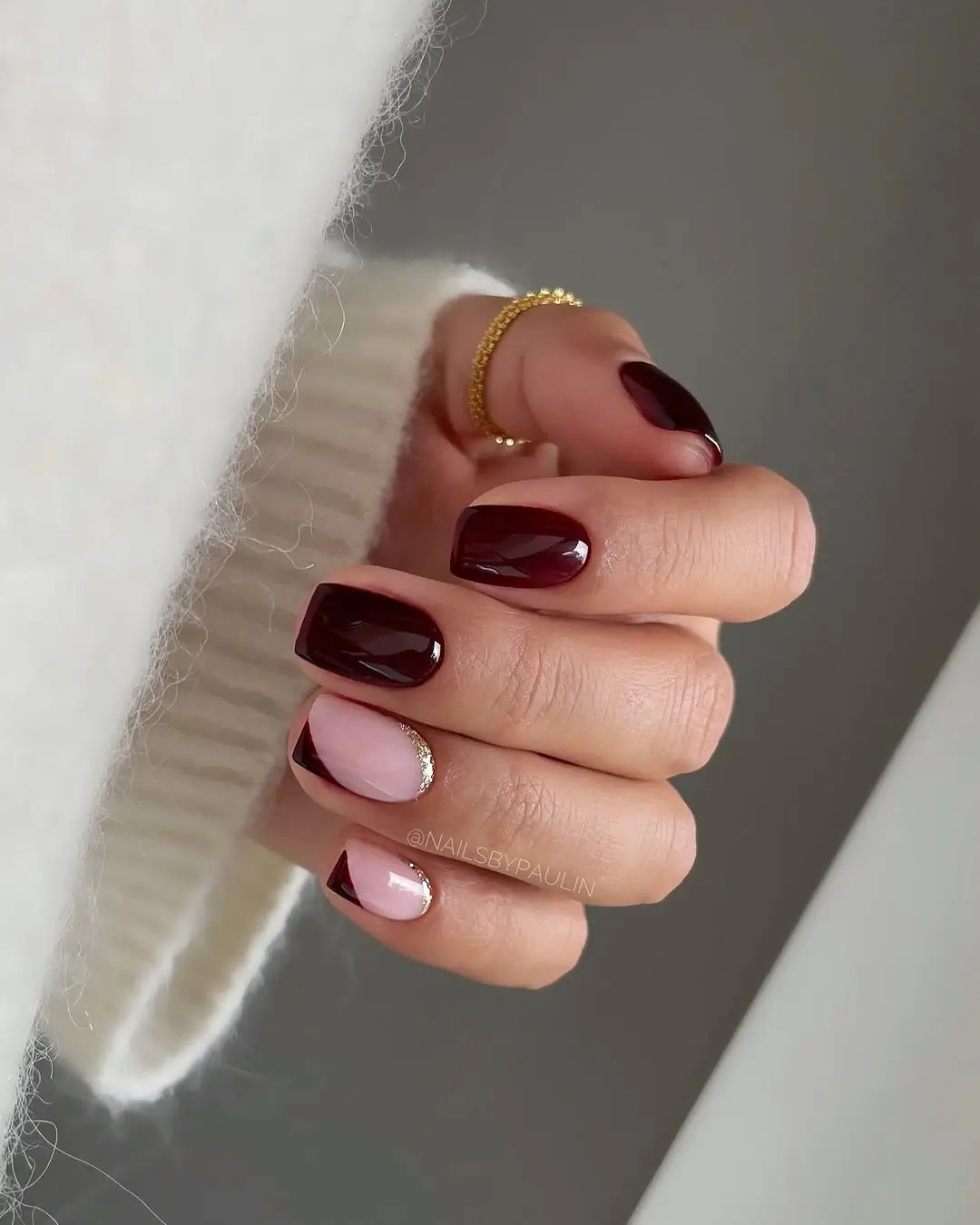 Fall wedding nails 2026 Short Burgundy Nails with Modern Half Moon Accents