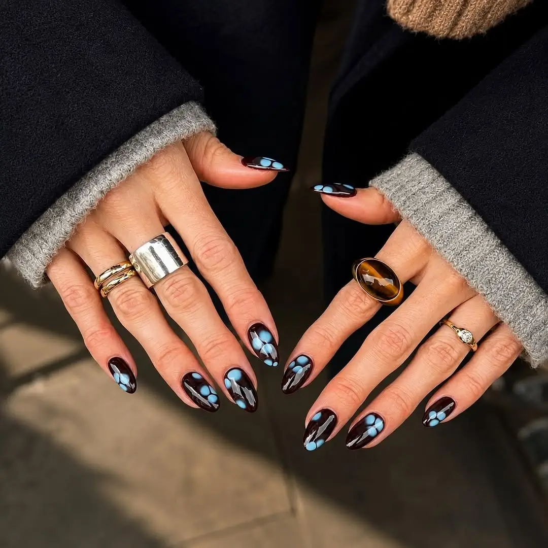 Fall wedding nails 2026 Chocolate Brown Nails with Powder Blue Floral Art