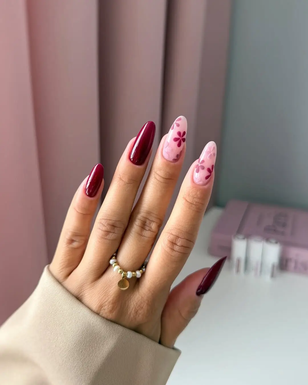Fall wedding nails 2026 Burgundy Floral Nails That Feel Romantic Without Trying Too Hard
