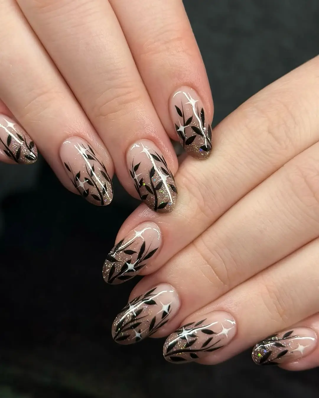 Fall wedding nails 2026 Moody Botanical Nails with Glitter for an Evening Wedding
