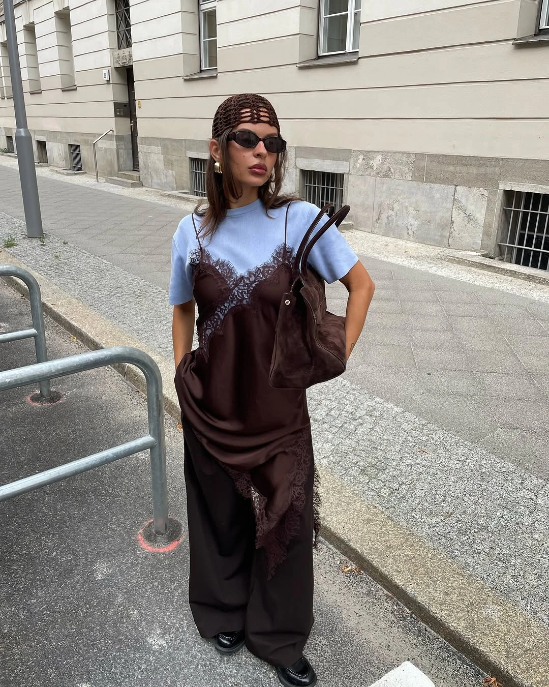 September fashion trends 2026 brown lace camisole and blue T-shirt outfit