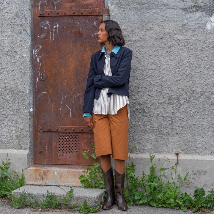 September fashion trends 2026 navy jacket Bermuda shorts and boots
