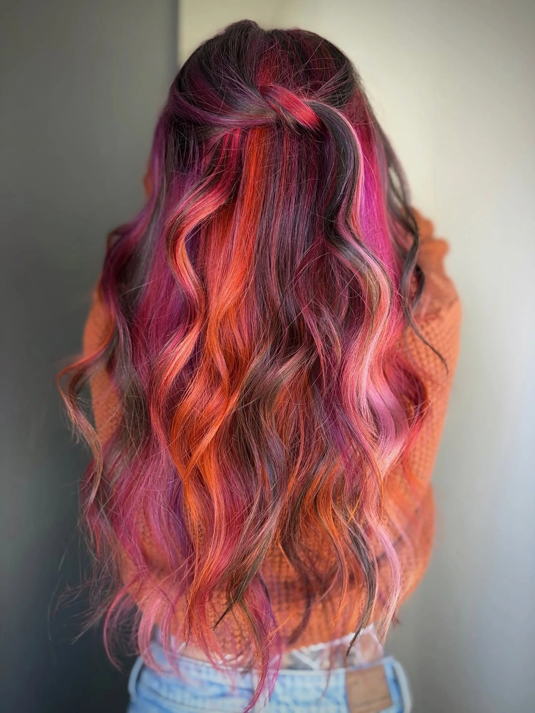 September hair Colour trends 2026 berry plum waves with fiery orange accents