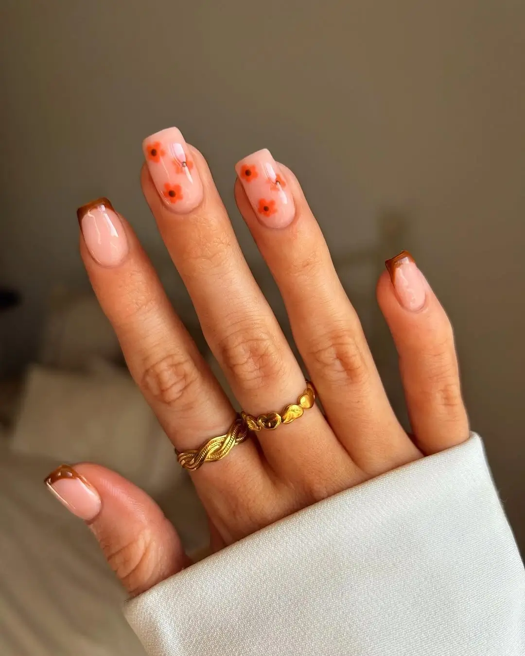 simple fall short nails Sheer Pink Nails With Tiny Orange Floral Details