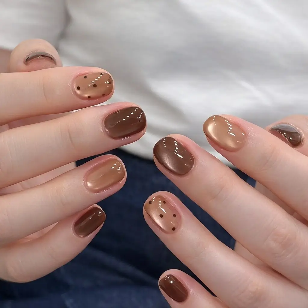 simple fall short nails Chocolate Brown With Tiny Dotted Details