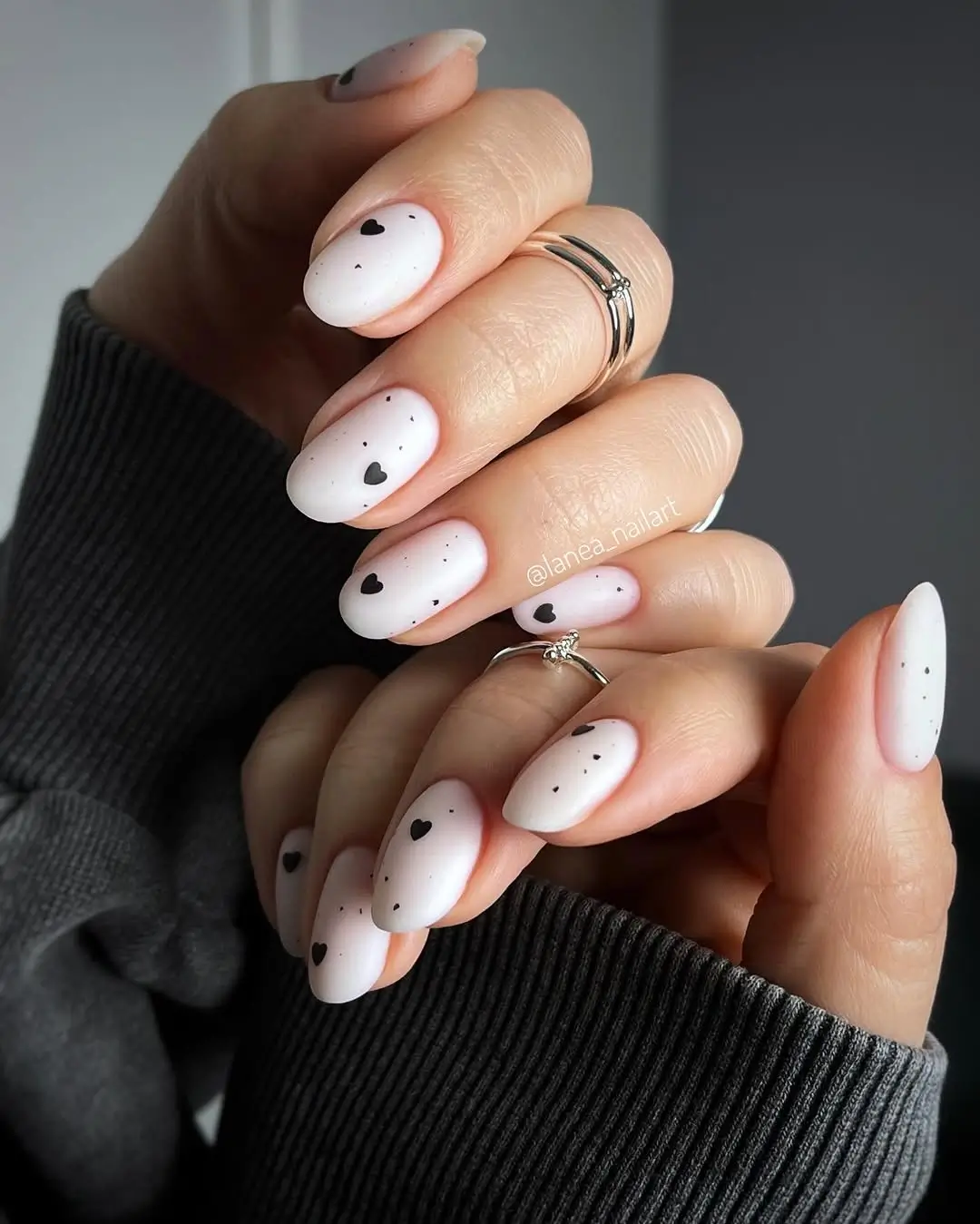 simple fall short nails Milky White Nails With Tiny Black Hearts