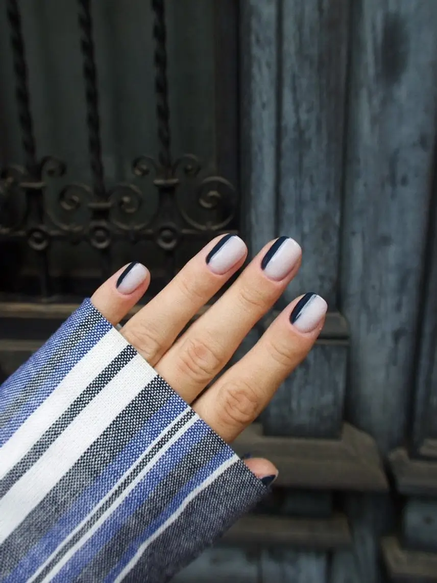 simple fall short nails Soft White Nails With Deep Blue Side French Tips
