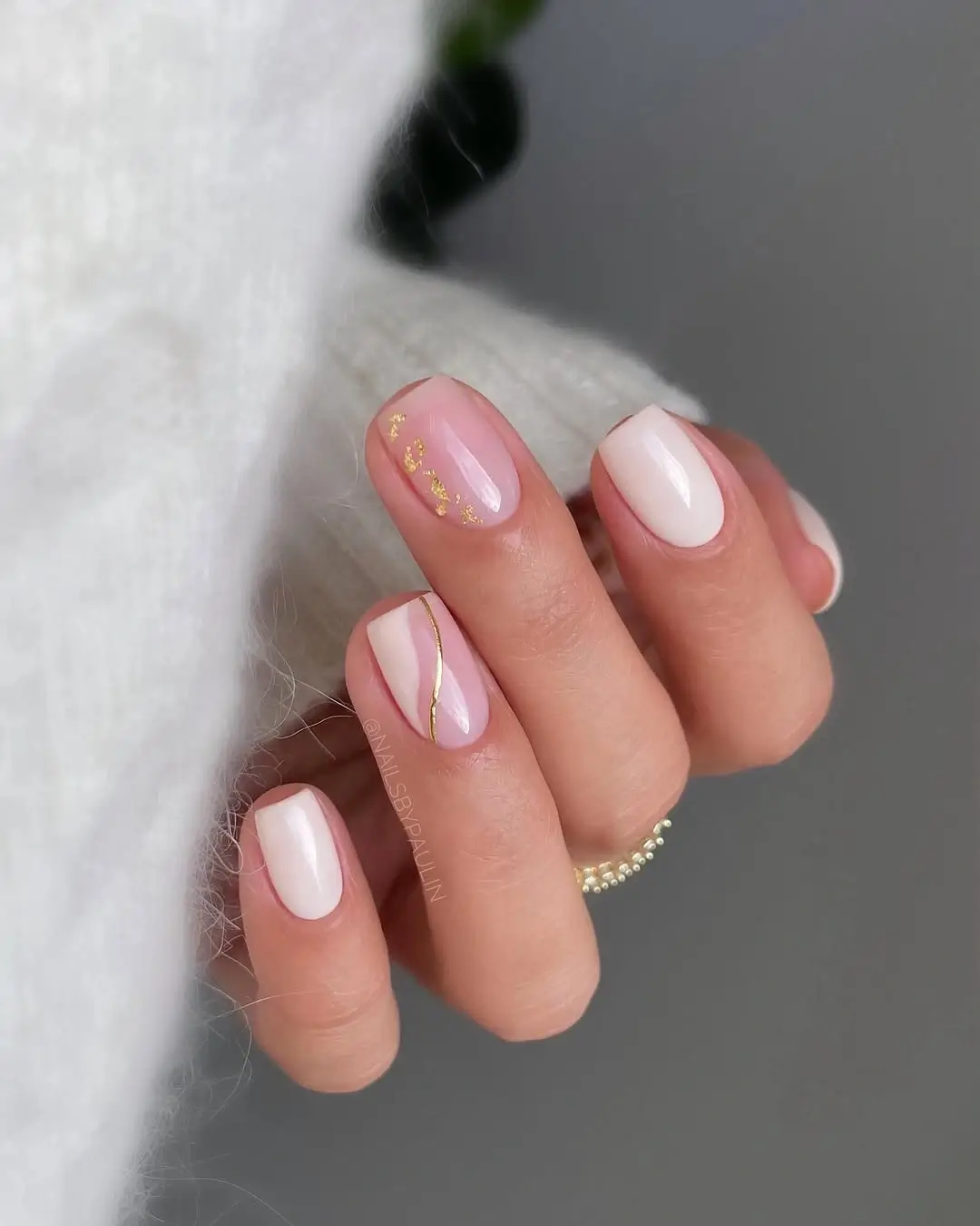 simple fall short nails Milky Pink Nails With Gold Leaf And Fine Gold Accents