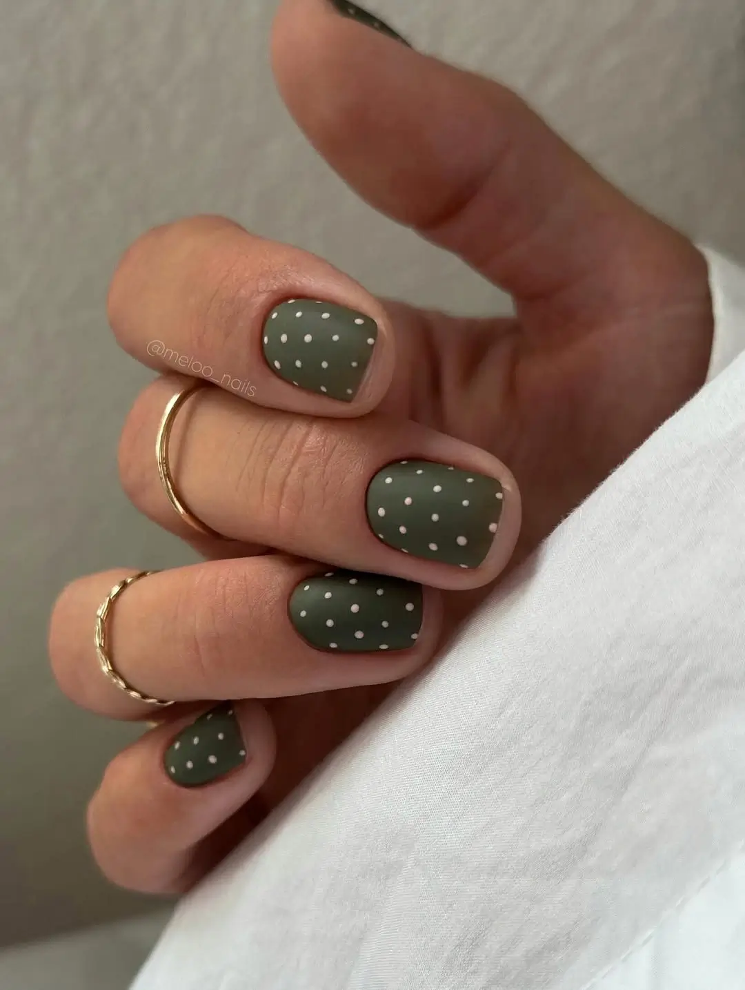 simple fall short nails Muted Olive Green Nails With Tiny Cream Polka Dots