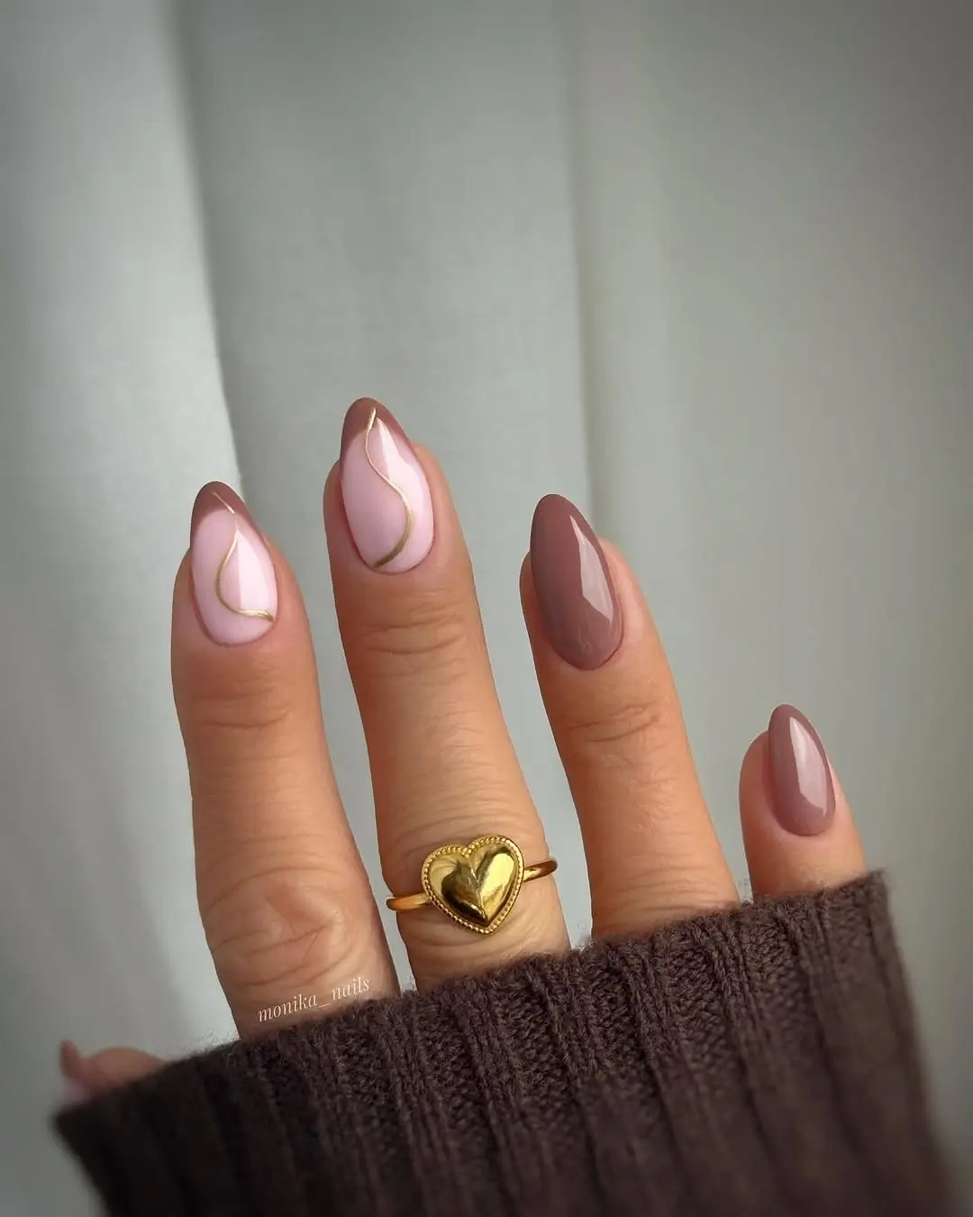 simple fall short nails Soft Almond Nails With Fine Gold Swirls