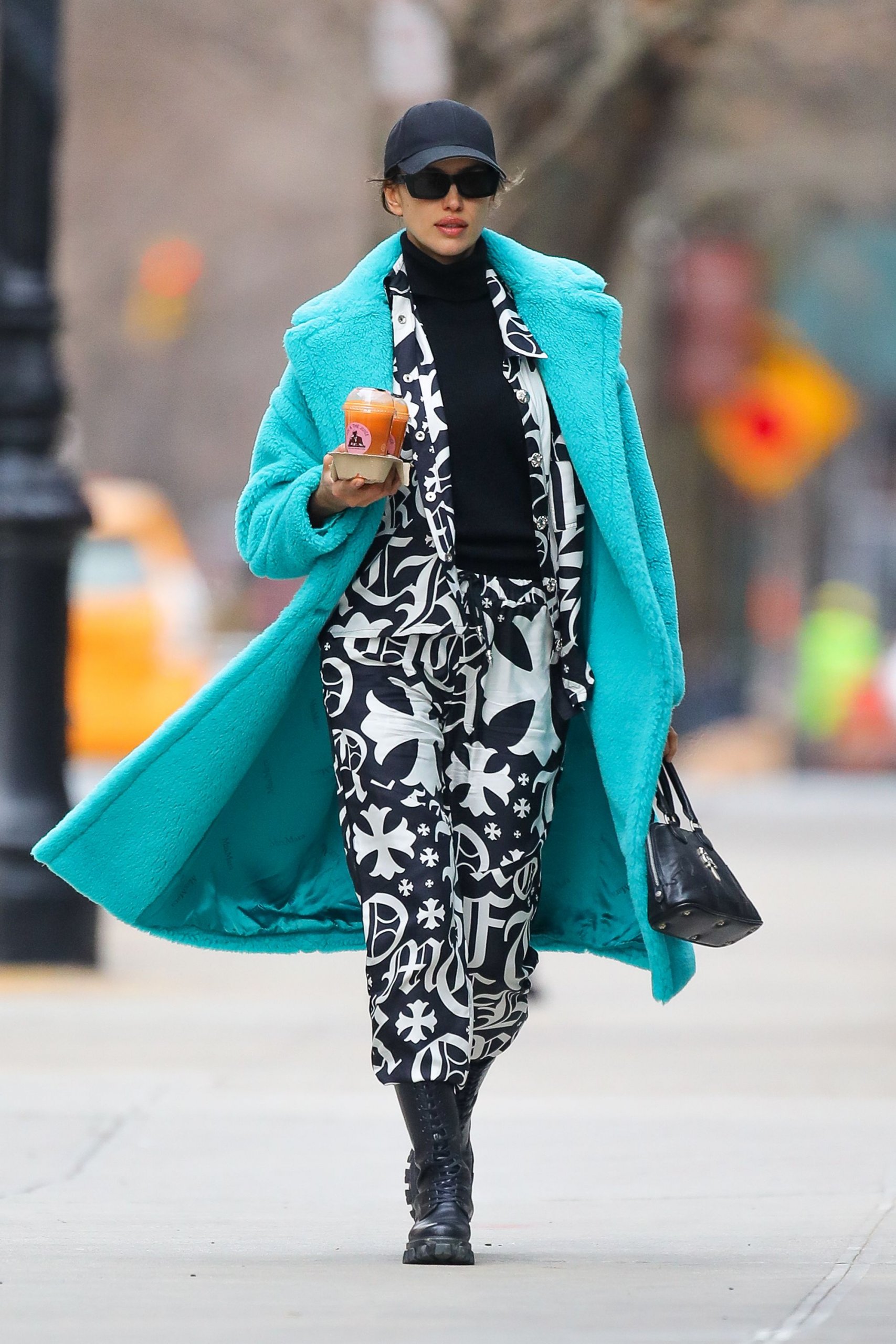 Bright Teal Teddy Coat with Patterned Set and Combat Boots — Teddy Coat Outfits