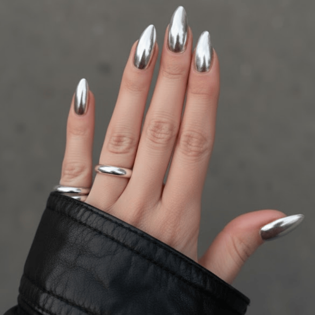 Full Chrome Finish Pure Silver Chrome Stilettos — Winter Chrome Nails