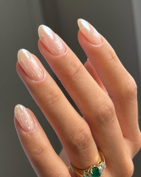 Milky White Pearlescent Dot Nails — Winter Oval Nails