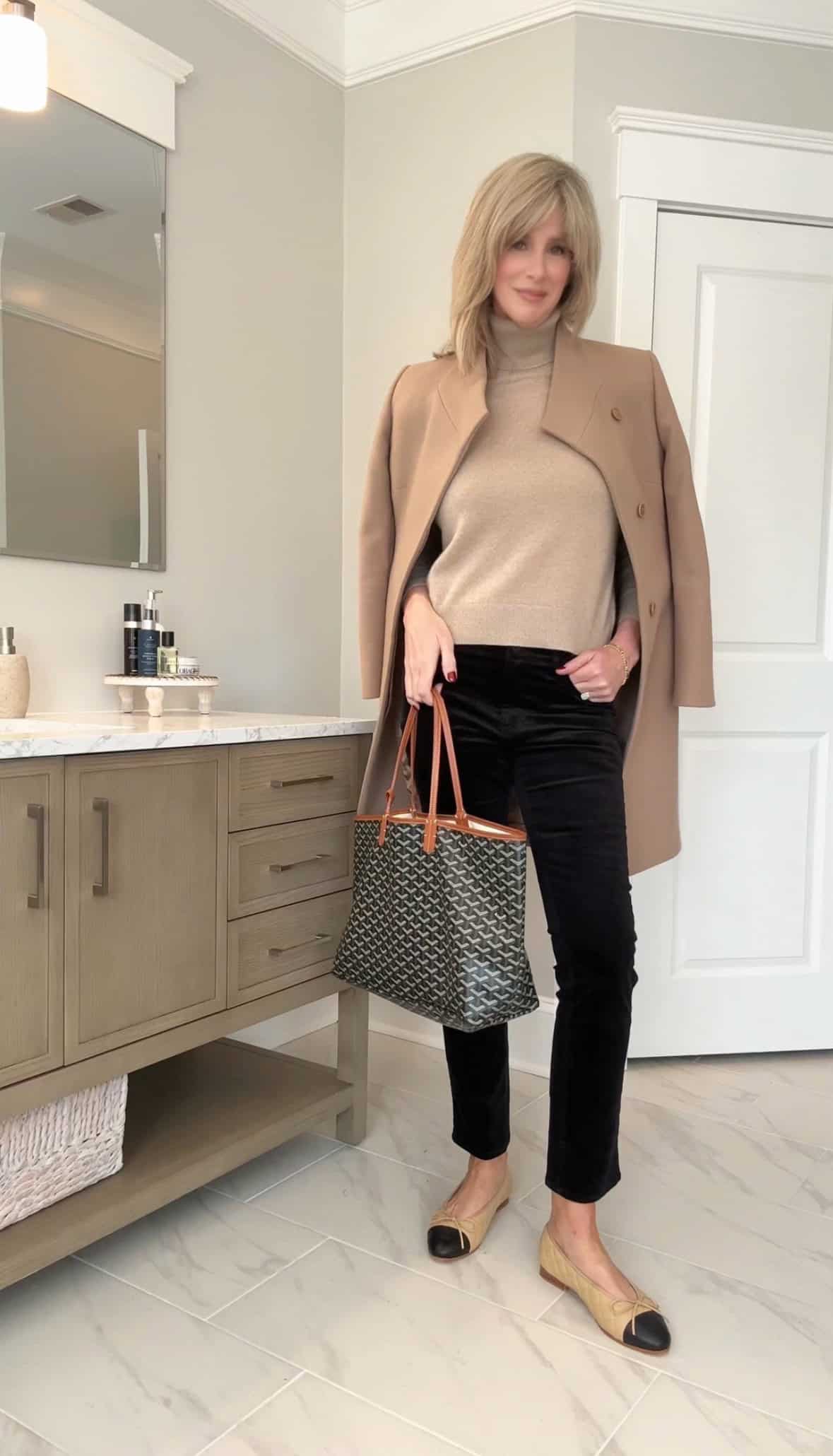 Camel Coat Draped Over a Beige Turtleneck and Velvet Pants Camel Coat Draped Over a Beige Turtleneck and Velvet Pants — Winter Outfits for Moms