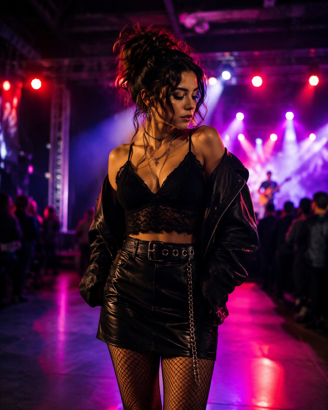 Leather Jacket and Lace Bralette for Edgy Evening Style Leather Jacket and Lace Bralette for Edgy Evening Style — Winter Concert Outfits