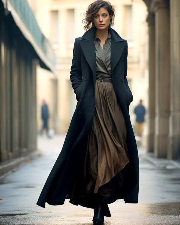 Dramatic Floor-Length Black Coat with Flowing Skirt — Black Coat Outfits