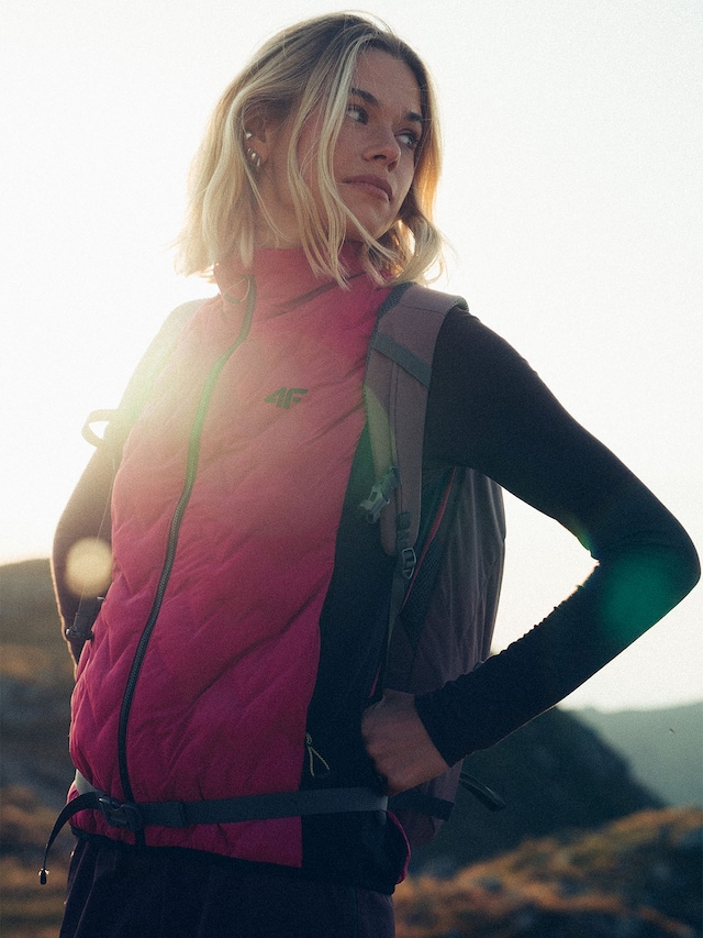 Bright Pink Quilted Vest Over Long-Sleeve Base Layer Bright Pink Quilted Vest Over Long-Sleeve Base Layer — Winter Hiking Outfits