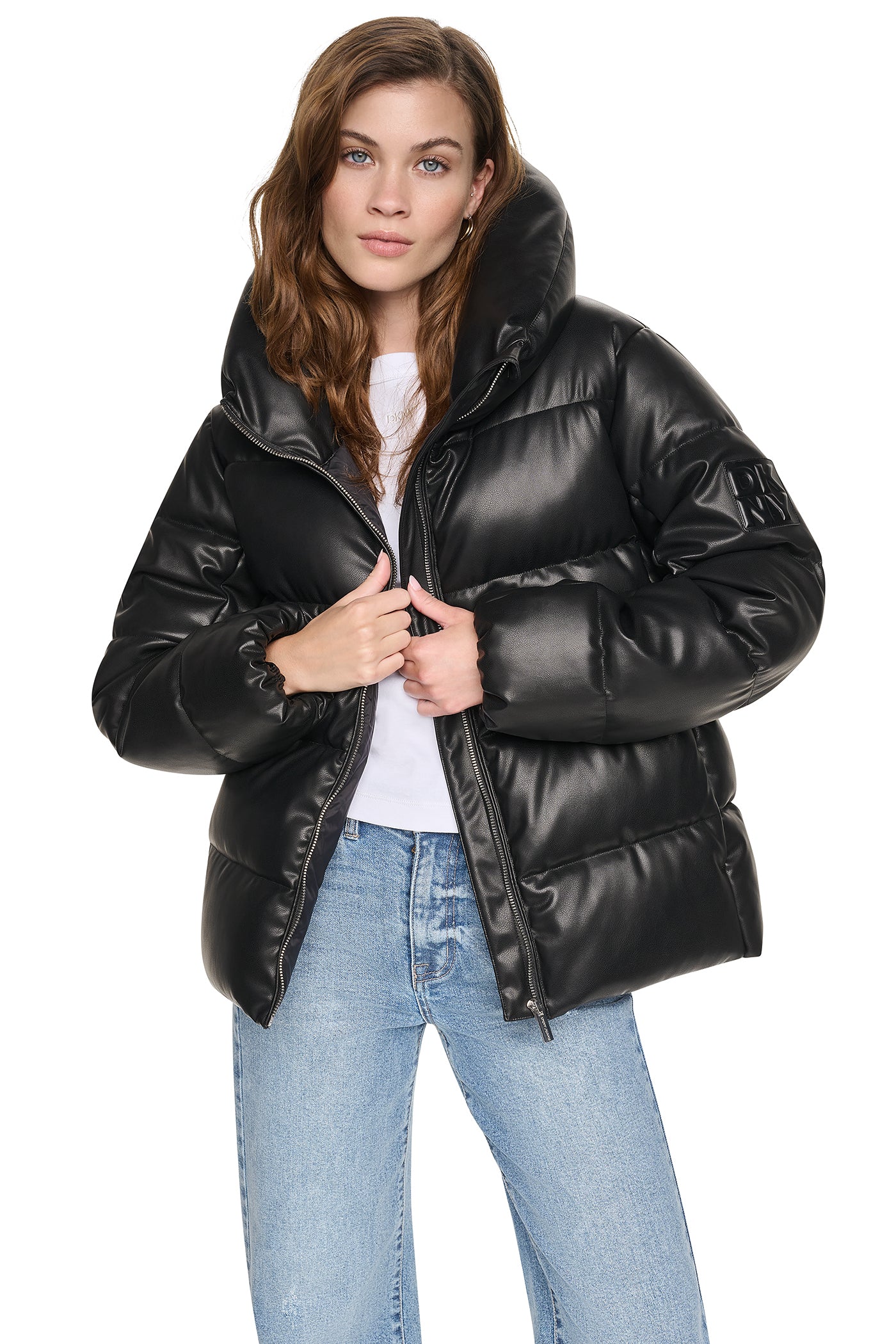 Cropped Faux Leather Puffer Jacket with High Collar Cropped Faux Leather Puffer Jacket with High Collar — Winter Jackets for Women