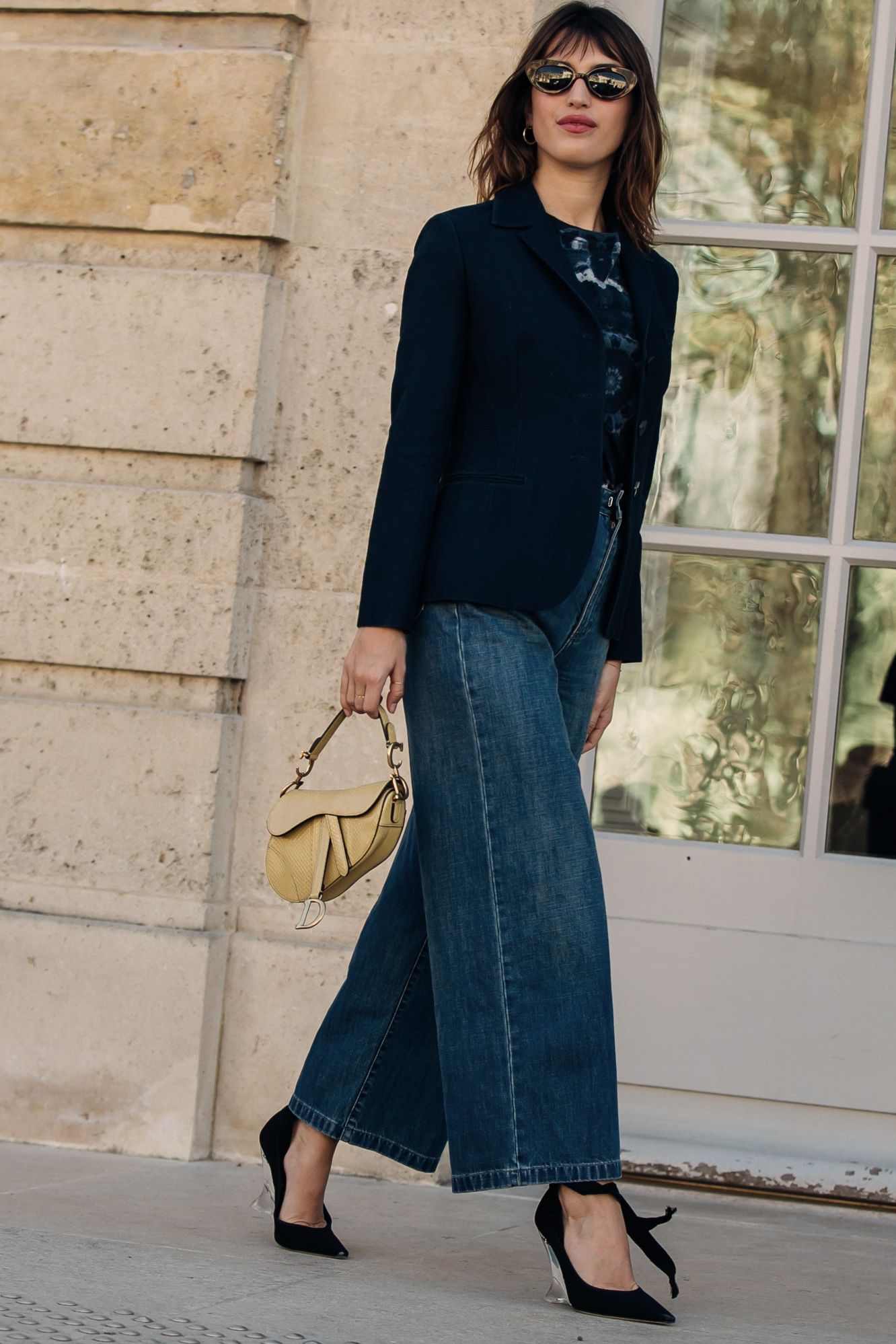 Tie-Dye Top and Navy Blazer with Wide Leg Denim Tie-Dye Top and Navy Blazer with Wide Leg Denim — Winter Outfits with Wide Leg Jeans