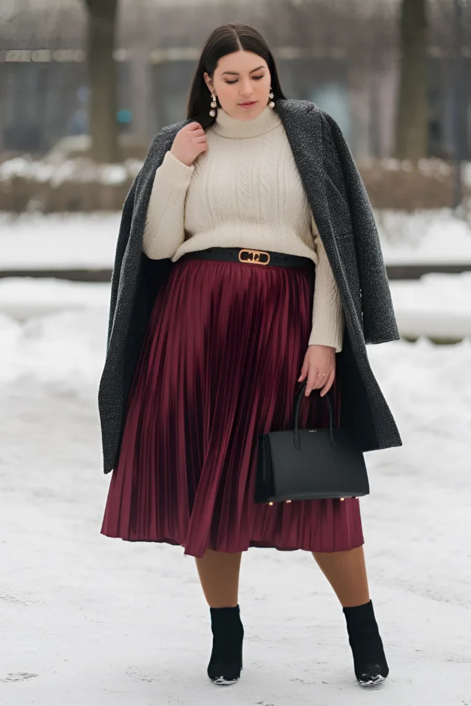 Cream Turtleneck Sweater with Burgundy Satin Skirt for Brunch Cream Turtleneck Sweater with Burgundy Satin Skirt for Brunch — Winter Brunch Outfits