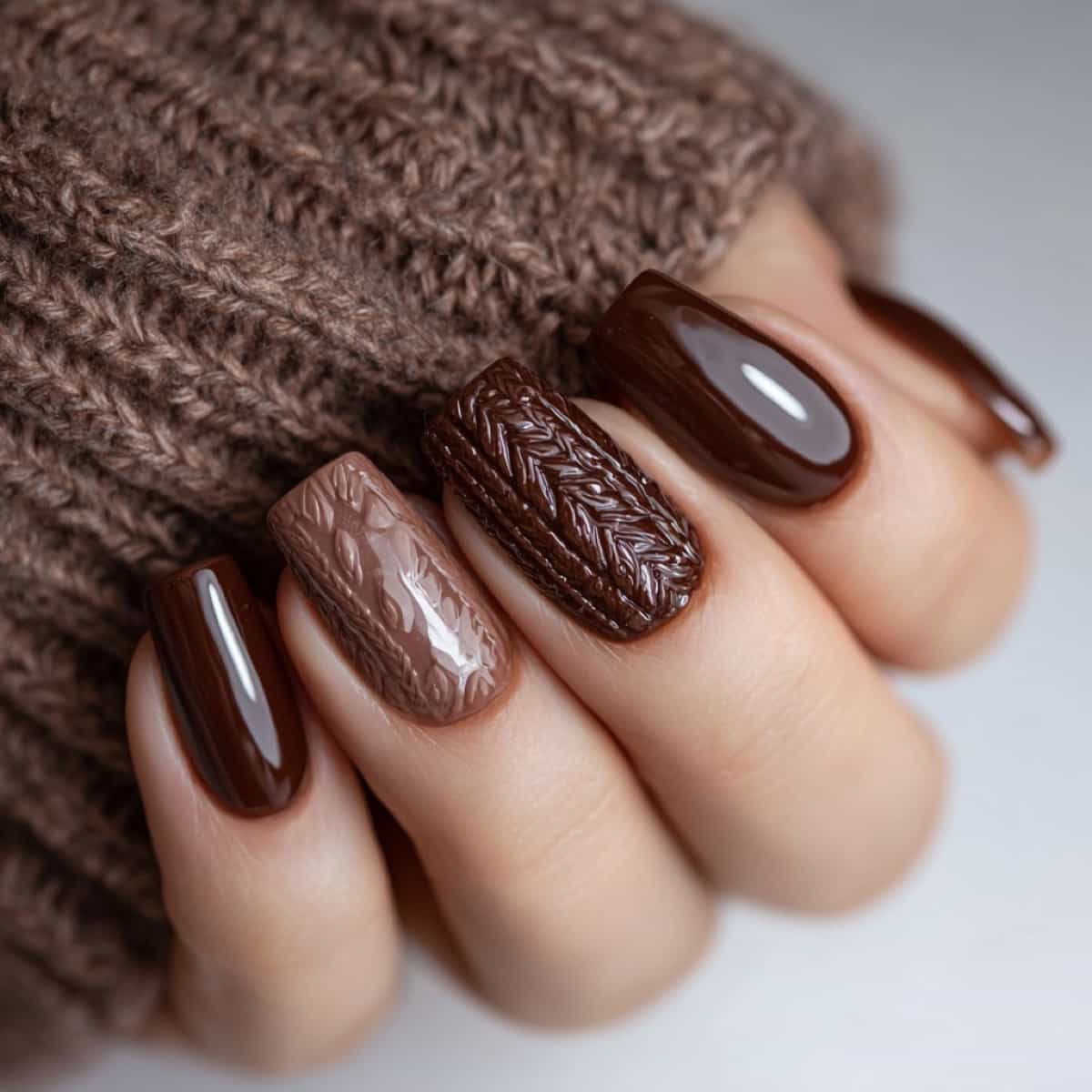 Chocolate Glossy & Matte Contrast — Sweater Nails