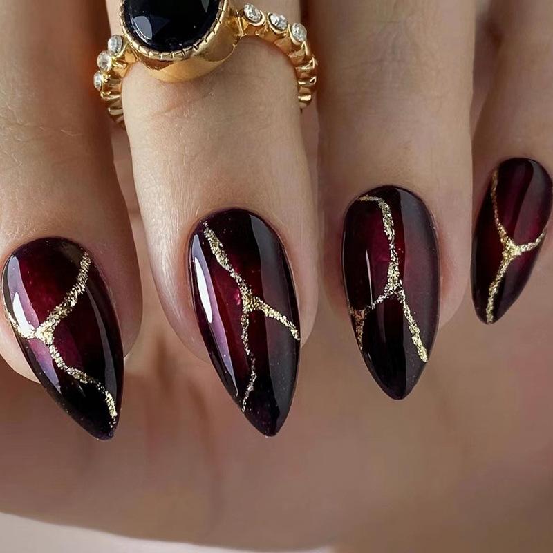 Burgundy with Cracked Gold Lines Almond Nails — Winter Almond Nails