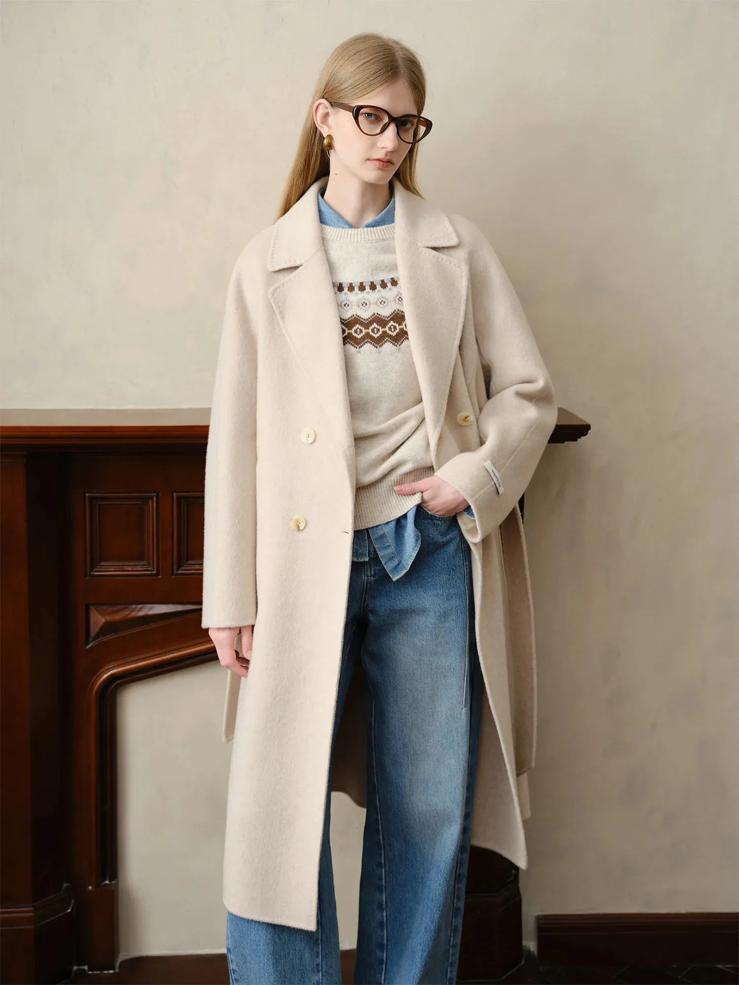 Casual Everyday Cream Wool Coat Over Patterned Knit and Denim Casual Everyday Cream Wool Coat Over Patterned Knit and Denim — Winter Outfits for Petite Women