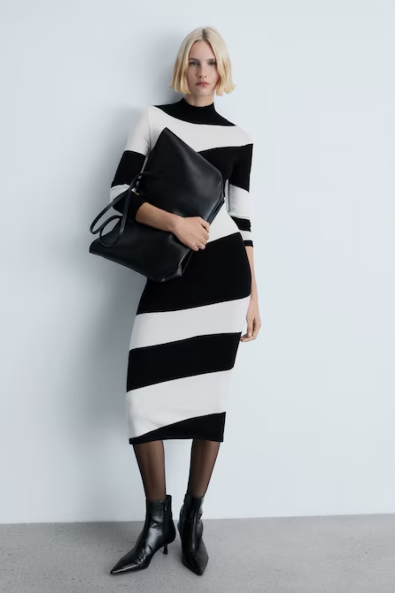 Striped Knit Midi Dress with Sheer Tights — Winter Dress Outfits