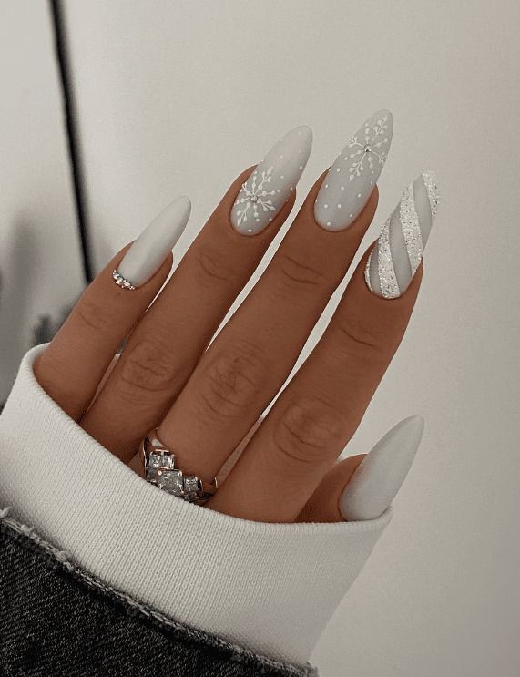 Matte White Stiletto with Snowflakes and Glitter — Classy Winter Nails