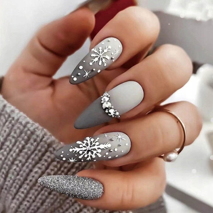 Matte With Glitter Accent Visual Idea — Winter Gray Nails